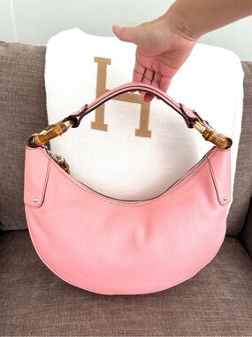 Authentic Gucci pink leather hobo bag bamboo accents shoulder bag